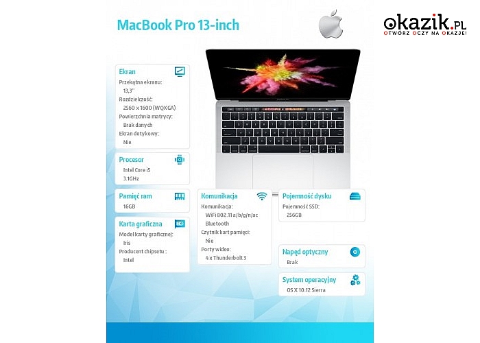 Apple: MacBook Pro 13 Touch Bar, i5 3.1GHz/16GB/256GB SSD/Intel Iris Plus 650 - Silver MPXX2ZE/A/R1