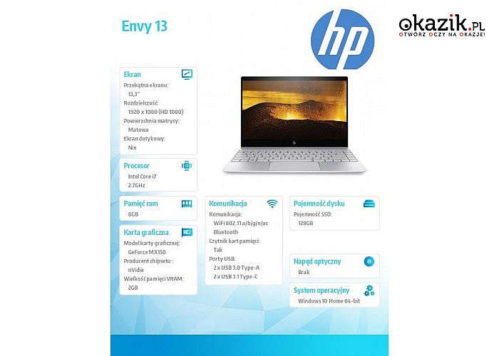 HP Inc.: Envy 13  13-ad006nw i7-7500U 128/8G/W10H/13,3 1WB48EA