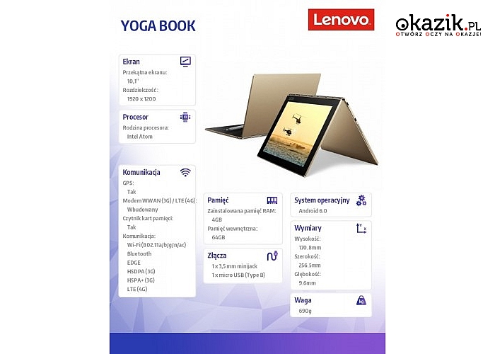 Lenovo: YOGA Book ZA0W0015PL A6.0 x5-Z8550/4GB/64GB/LTE/10.1"