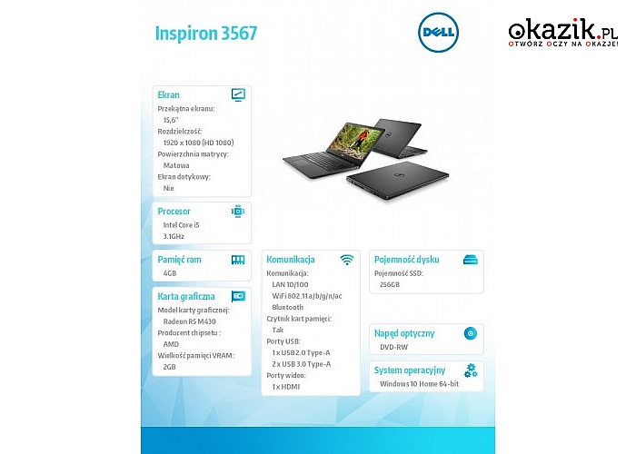 Dell: Inspiron 3567 Win10Home i5-7200U/256GB/4GB/DVDRW/R5 M430/15.6"FHD/40WHR/Black/1Y NBD+1Y CAR