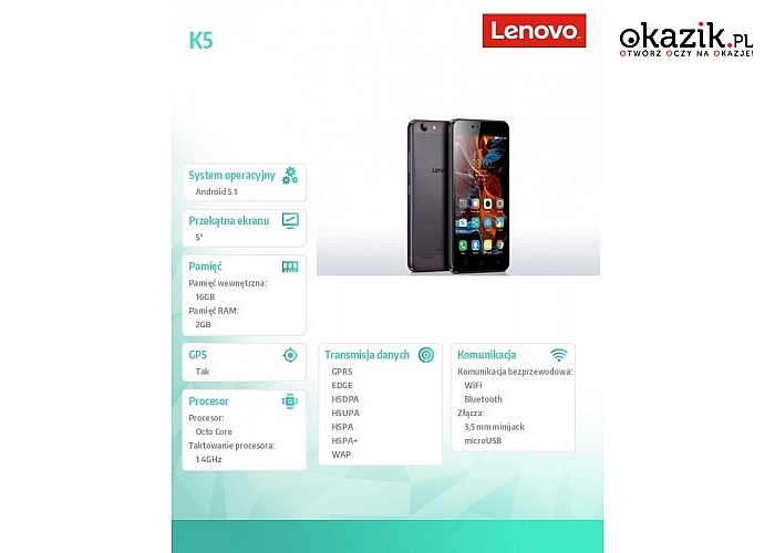 Lenovo: K5 HD Szary 2/16 GB
