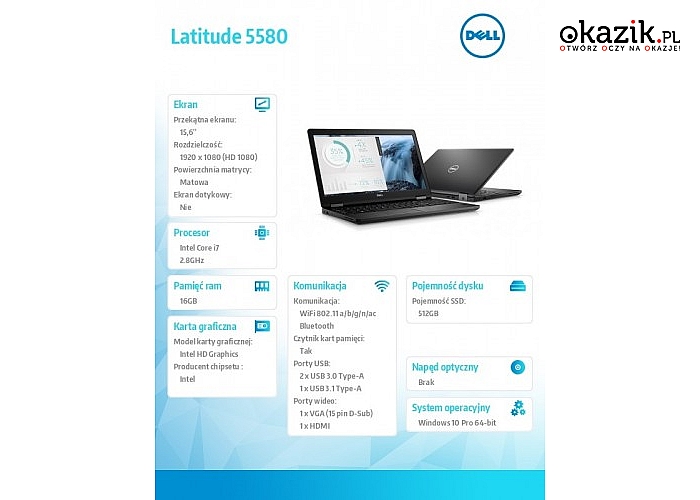 Dell: Latitude 5580 Win10Pro i7-7600U/512GB/16GB/Intel HD620/15.6" FHD/KB-Backlit/68WHR/3Y NBD