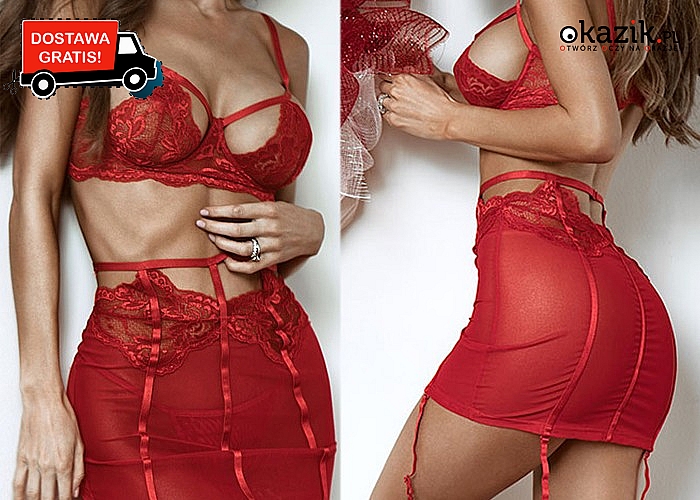 Zmysłowy, czerwony ZESTAW BIELINY składający się z biustonosza, stringów, mini spódniczki i podwiązek. Wysyłka GRATIS