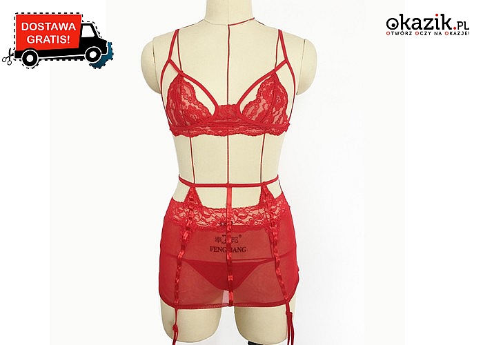 Zmysłowy, czerwony ZESTAW BIELINY składający się z biustonosza, stringów, mini spódniczki i podwiązek. Wysyłka GRATIS