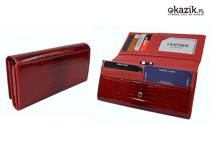 Elegancki portfel damski polskiej marki LOREN, z pięknie lakierowanej skóry, bardzo praktyczny