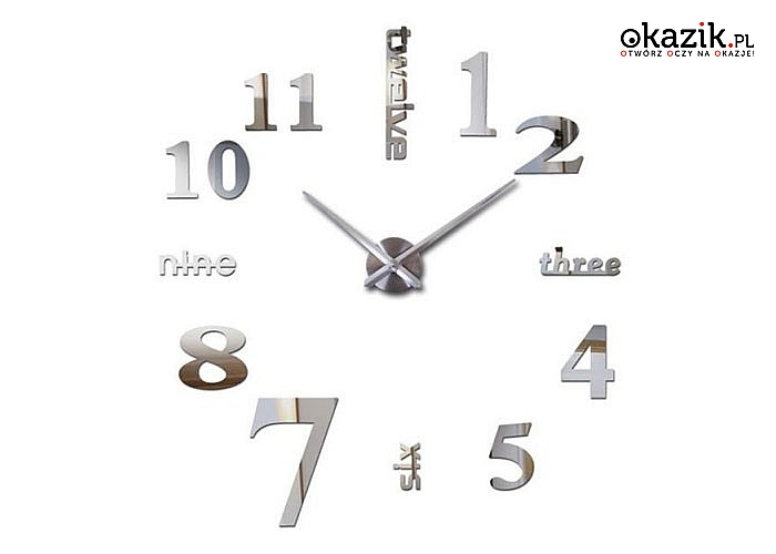 Nowoczesny i elegancki zegar ścienny, naklejany doskonały element wyposażenia nowoczesnych wnętrz