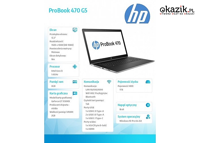 HP Inc.: ProBook 470 G5 i5-8250U W10P 1TB/8G/17,3'     2RR78EA