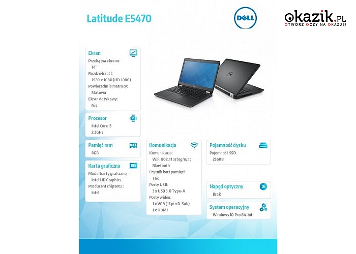 Dell: Latitude E5470 Win10Pro i3-6100U/256GB/8GB/Intel HD/14.0"FHD/KB-Backlit/62WHR/3Y NBD