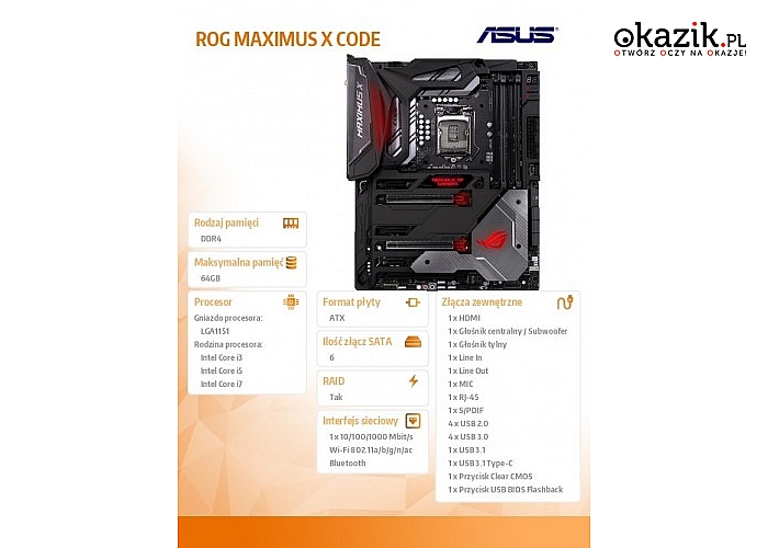 Asus: ROG MAXIMUS X CODE s1151 4DDR4 USB3/2M.2 ATX