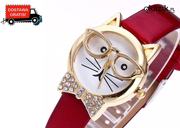 Zabawny zegarek damski z kotem! Mechanizm kwarcowy! Najwyższa jakość wykonania!