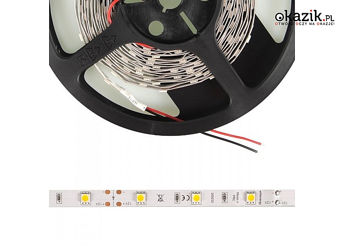 Whitenergy: Taśma LED | 5m | 30szt/m | SMD5050 | 7.2W/m | 12V | wew. | 10mm | ciepła biała | bez konektora