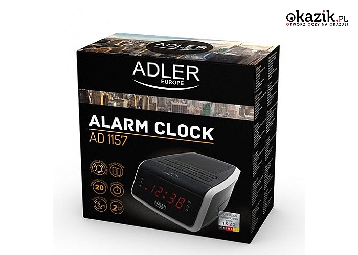 Radiobudzik  AD1157 od Adler. 2 osobne alarmy, czytelny wyświetlacz LED+funkcja zasypiania