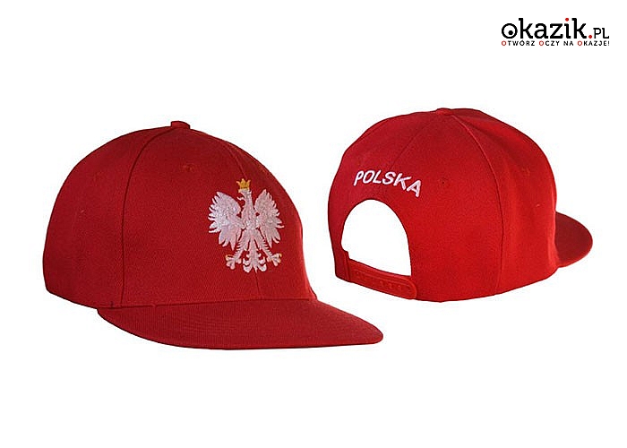 KIBICOWSKA CZAPKA z daszkiem z wyszywanym orłem i napisem Polska z tyłu. Model unisex w uniwersalnym rozmiarze