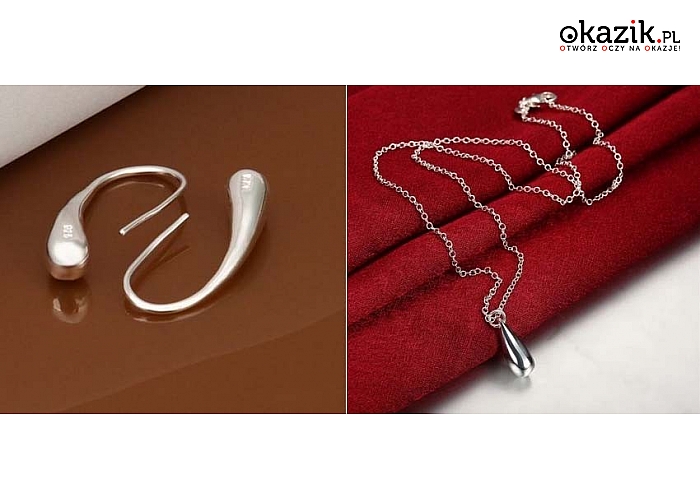 Komplet posrebrzanej biżuterii: kolczyki oraz łańcuszek z wisiorkiem lub łańcuszek z kropelkami