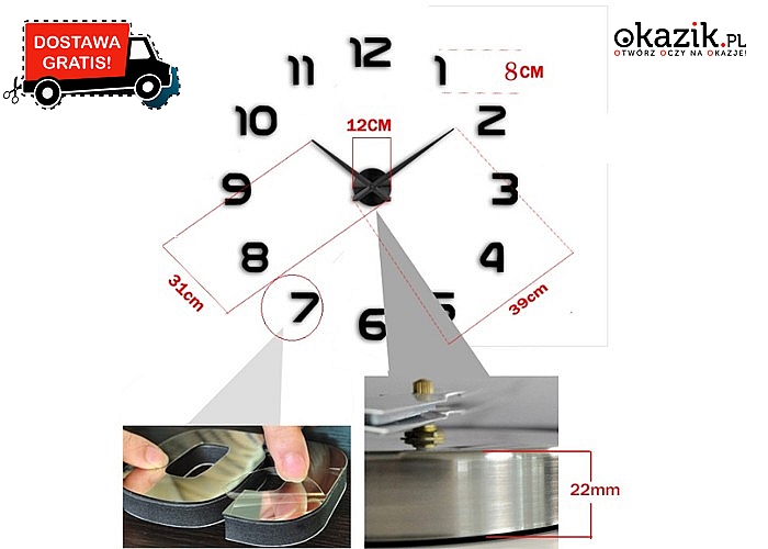 Nowoczesny duży zegar ścienny! Wskazówki godziny i minuty wykonane z metalu! Cyfry dające efekt 3D! Najwyższa jakość!