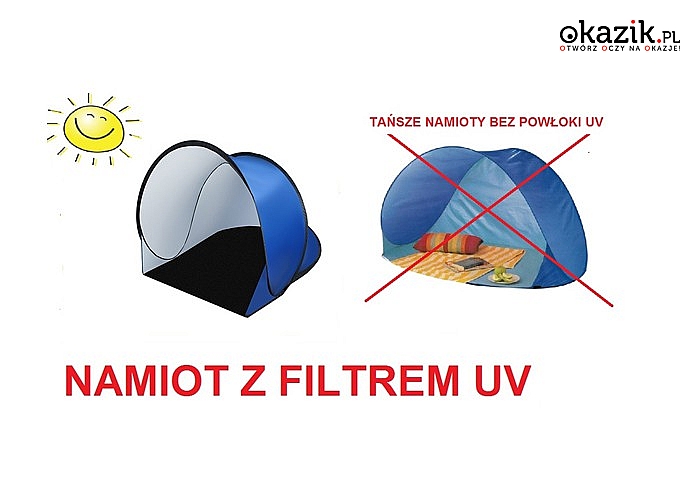 Namiot chroni Cię przed wiatrem i nadmiernym słońcem, posiada filtr UV odbijający szkodliwe promieniowanie