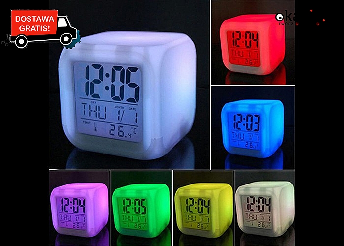 Zegarek, budzik, kalendarz i termometr w jednym urządzeniu!  Świecący kameleon LED.