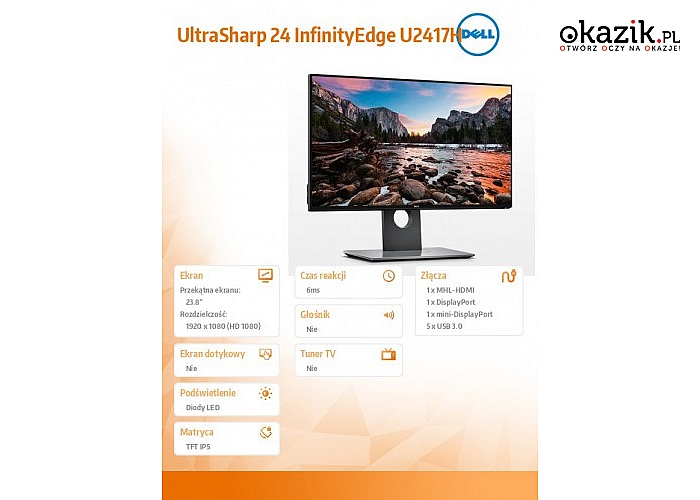 Dell: Monitor 23.8 U2417H InfinityEdge Full HD (1920 x 1080) /16:9/HDMI(MHL)/DP/mDP/5xUSB 3.0/3Y PPG