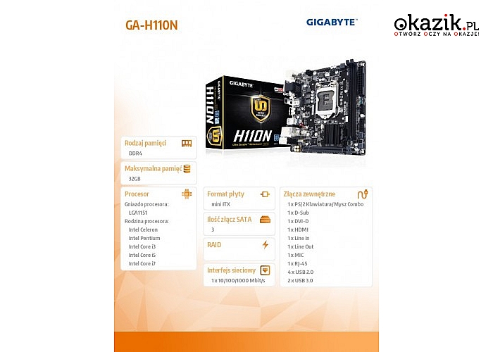 Gigabyte GAH110N s1151 H110M 2DDR4 USB3.0 miniITX