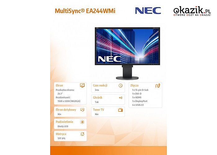 NEC: Monitor 24 MS EA244WMi bk IPS, W-LED, DVI, czarny