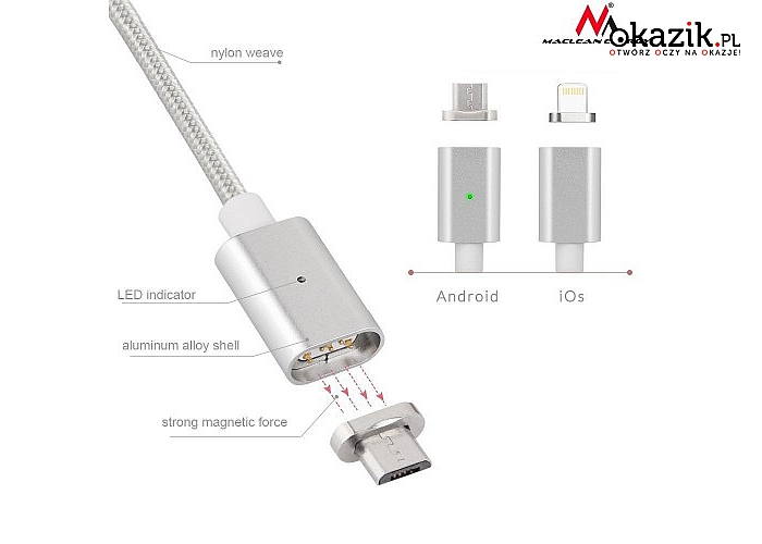 Maclean: Kabel lightning USB magnetyczny silver MCE161- Quick & Fast Charge