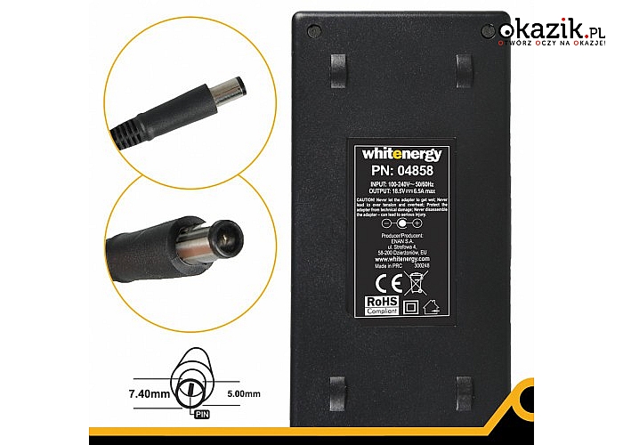Whitenergy: Zasilacz 04858 18.5V | 6.5A 120W wtyk 7.4*5.0 + pin HP