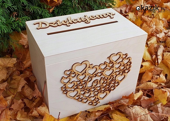 Piękne drewniane pudełko na koperty ślubne! Wzór 3D na froncie i boku! Idealna dekoracja i pamiątka!