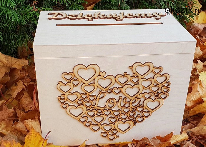 Piękne drewniane pudełko na koperty ślubne! Wzór 3D na froncie i boku! Idealna dekoracja i pamiątka!