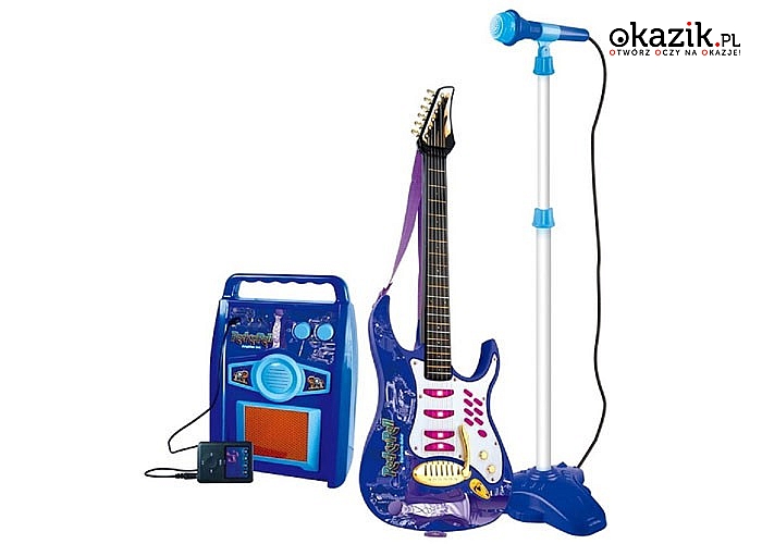 Duża gitara elektryczna ze wzmacniaczem i mikrofonem