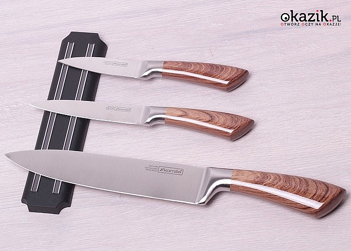 Solidne noże niezbędne w każdej kuchni. Elegancki komplet składający się z3 noży oraz listwy magnetycznej
