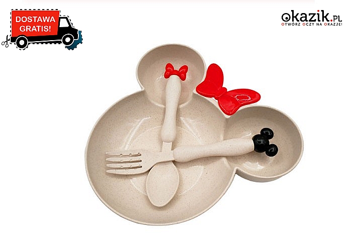 Uroczy zestaw obiadowy w stylu myszki Miki! Miseczka i sztućce! Doskonały pomysł na prezent!