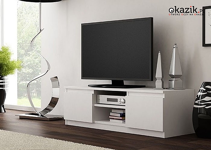 Stolik pod TV Otwarta półka pozwalająca na ustawienie sprzętu, z otworem ułatwiającym dyskretny montaż okablowania