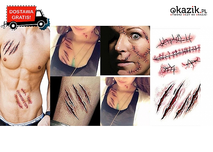 Zestaw tymczasowych tatuaży z bliznami, krwawymi ranami i uszkodzeniami. Idealne na Halloween! Wysyłka GRATIS! (8 zł)