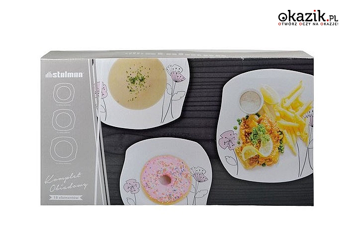 Elegancki, 18-elementowy serwis obiadowy z wysokiej jakości ceramiki. 4 zestawy do wyboru.