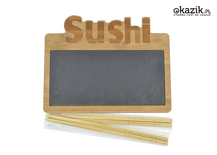 3- elementowy zestaw do serwowania sushi dla 2 osób. Taca bambusowa z łupkiem i pałeczkami.