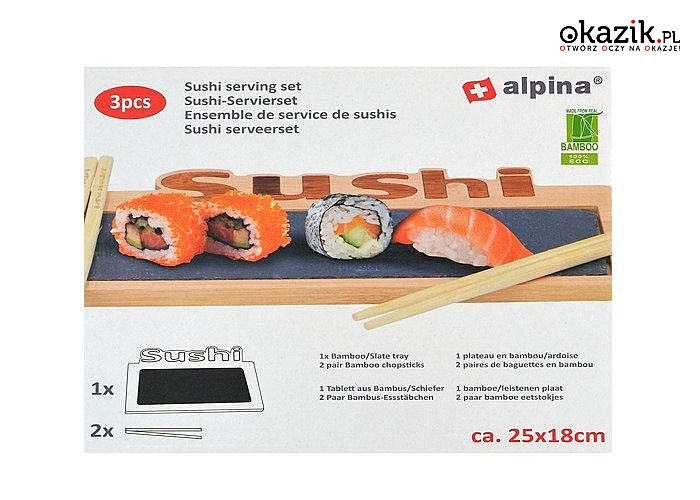 3- elementowy zestaw do serwowania sushi dla 2 osób. Taca bambusowa z łupkiem i pałeczkami.