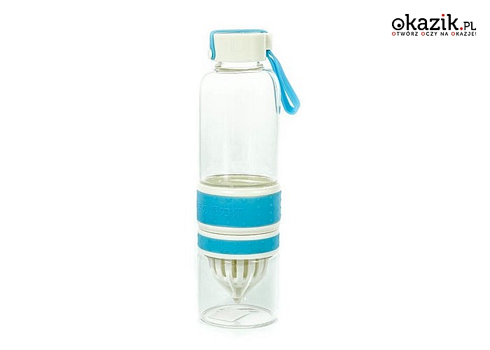 Szklana butelka na ulubiony napój z umieszczonym na dole wyciskaczem do owoców. Trzy kolory do wyboru