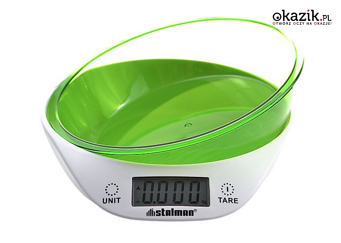 Elektroniczna waga kuchenna z zieloną miską! Obciążenie 5kg! Funkcja tarowania!