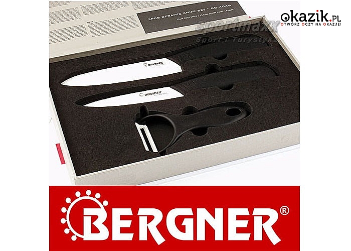 Komplet ekskluzywnych, ceramicznych noży kuchennych nie wymagających ostrzenia!  2 noże oraz obieraczka firmy Bergner!