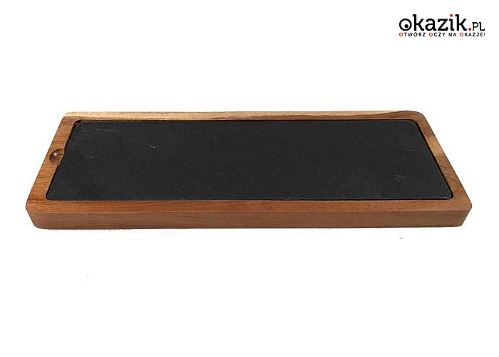 Deska drewniana z wkładem z naturalnego kamienia łupkowego do serwowania przekąsek, deserów, wędlin, sushi.