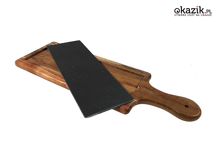 Deska drewniana z wkładem z naturalnego kamienia łupkowego do serwowania przekąsek, deserów, wędlin, sushi.