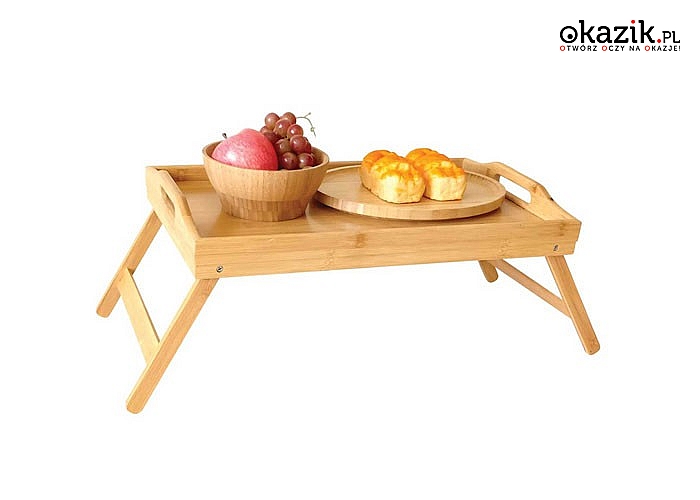 Drewniany stolik śniadaniowy- idealny na śniadanie do łóżka, do pracy czy do zabawy dla dzieci.