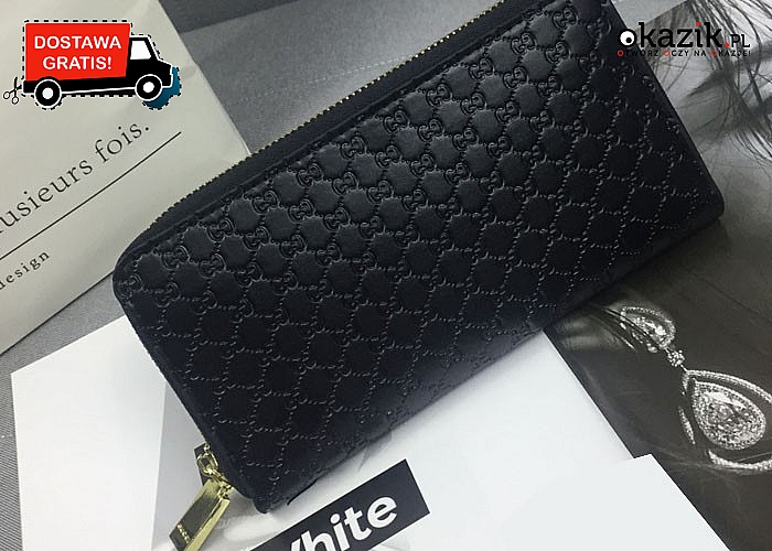 Elegancki portfel damski w stylu Gucci. Tłoczone wzory oraz elementy w kolorze złota nadają mu nie powtarzalny wygląd