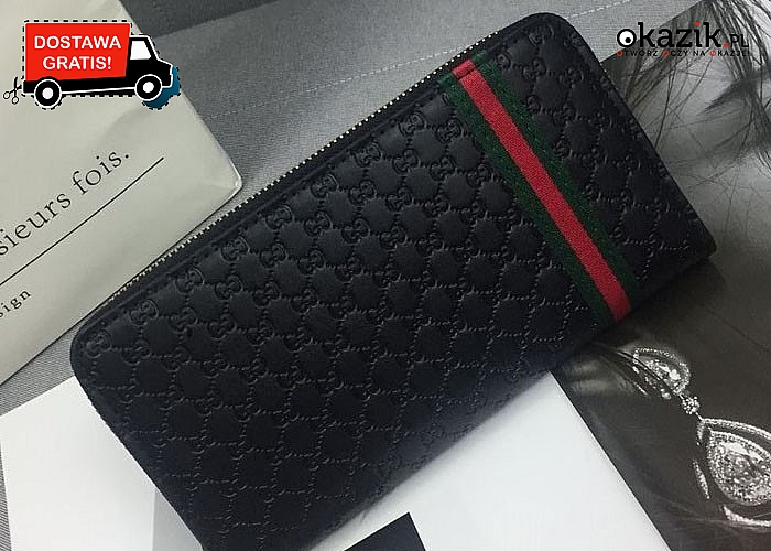 Elegancki portfel damski w stylu Gucci. Tłoczone wzory oraz elementy w kolorze złota nadają mu nie powtarzalny wygląd