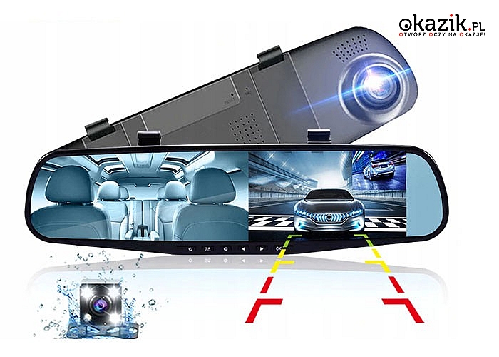 Lusterko samochodowe z wideo rejestratorem oraz funkcją kamery cofania z modułem G-Sensor FULL HD!