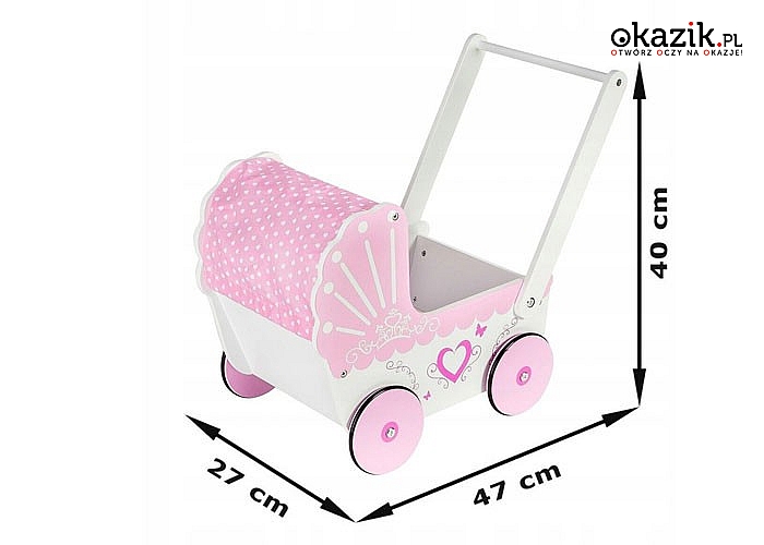Drewniany wózek dla lalek, sprawdzi się także w roli chodzika lub pchacza
