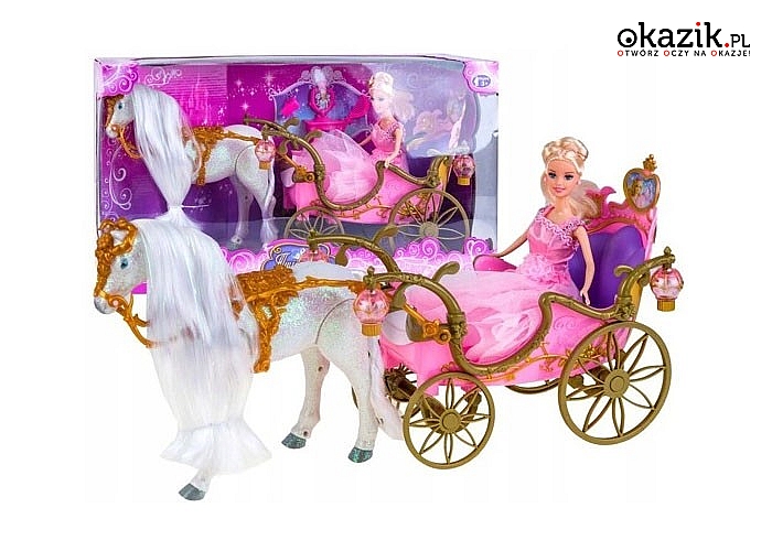 Uroczy zestaw dla lalki Barbie. W zestawie chodzący koń, kareta oraz lalka