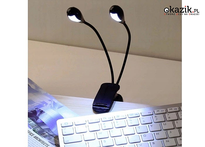 Bezprzewodowa podwójna lampka diodowa z klipsem, idealna do oświetlania stron czytanych książek oraz do laptopa