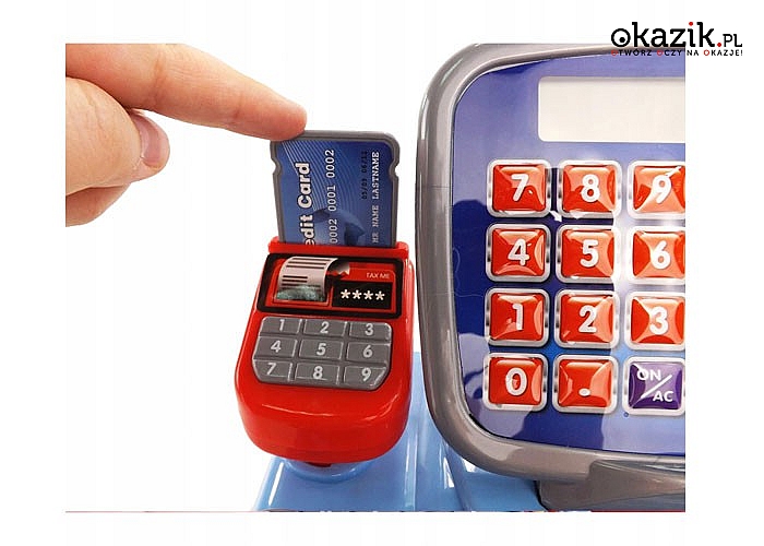 Elektroniczna kasa fiskalna w kolorze niebieskim! Skaner produktów, kalkulator, waga i wiele innych!
