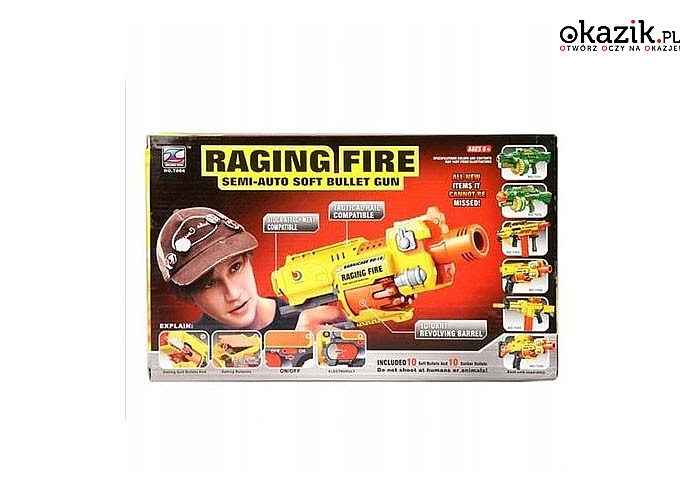 Pistolet Raging Fire , z półautomatycznym magazynkiem oraz obrotową beczką na kulki,miękkie,bezpieczne
